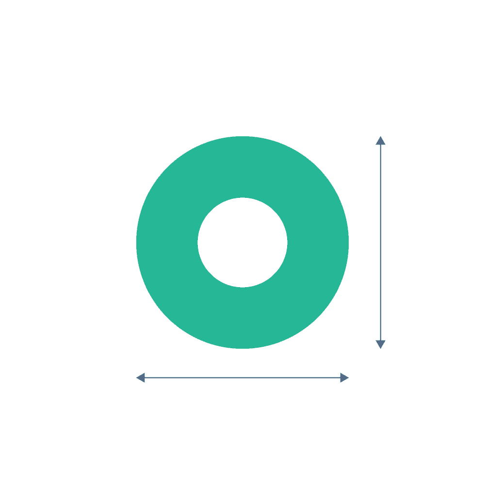 Abstrakte Darstellung eines Donuts. An den Seiten befinden sich Pfeile, welche die Skalierbarkeit der Länge und Breite der Backwaren verdeutlichen.Inline, 3D, Formprüfung, Backwaren, Form, Länge