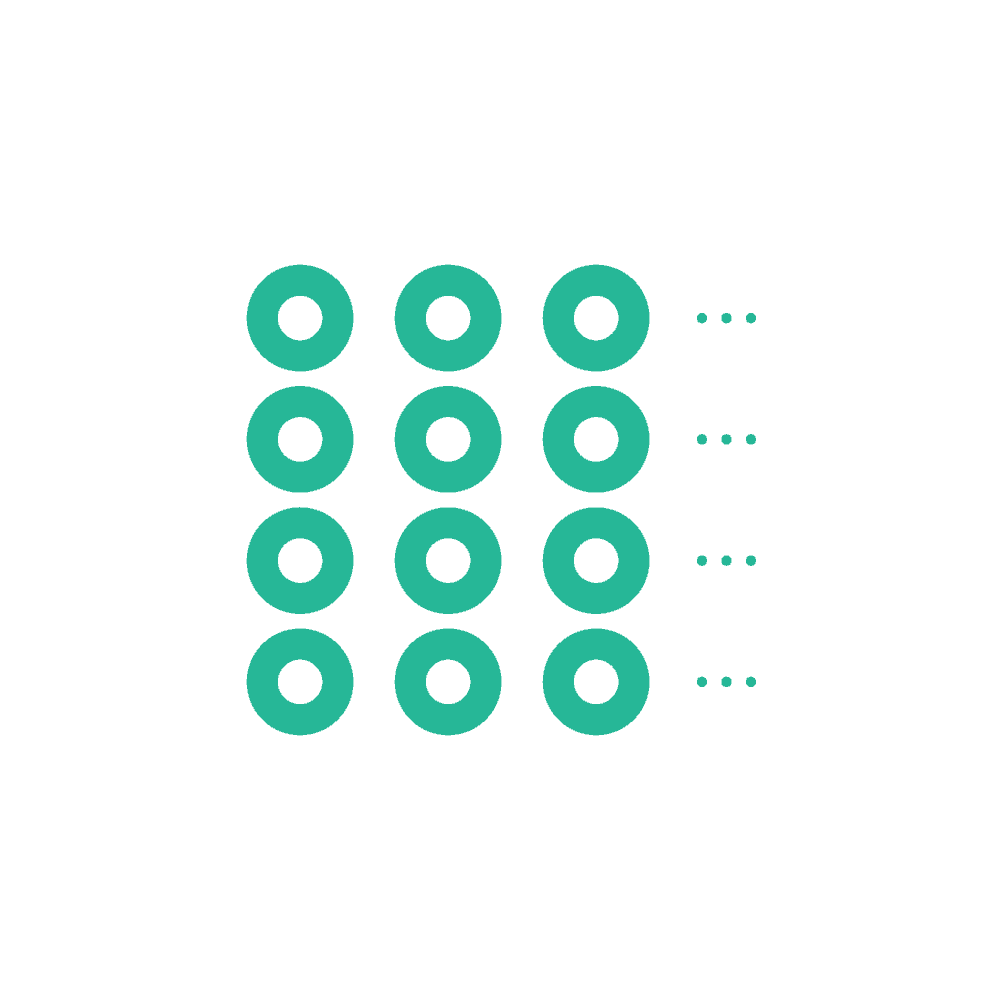 Abstract representation of baked goods (donuts) arranged in countable rows. Inline, 3D, shape checking, baked goods, shape, length