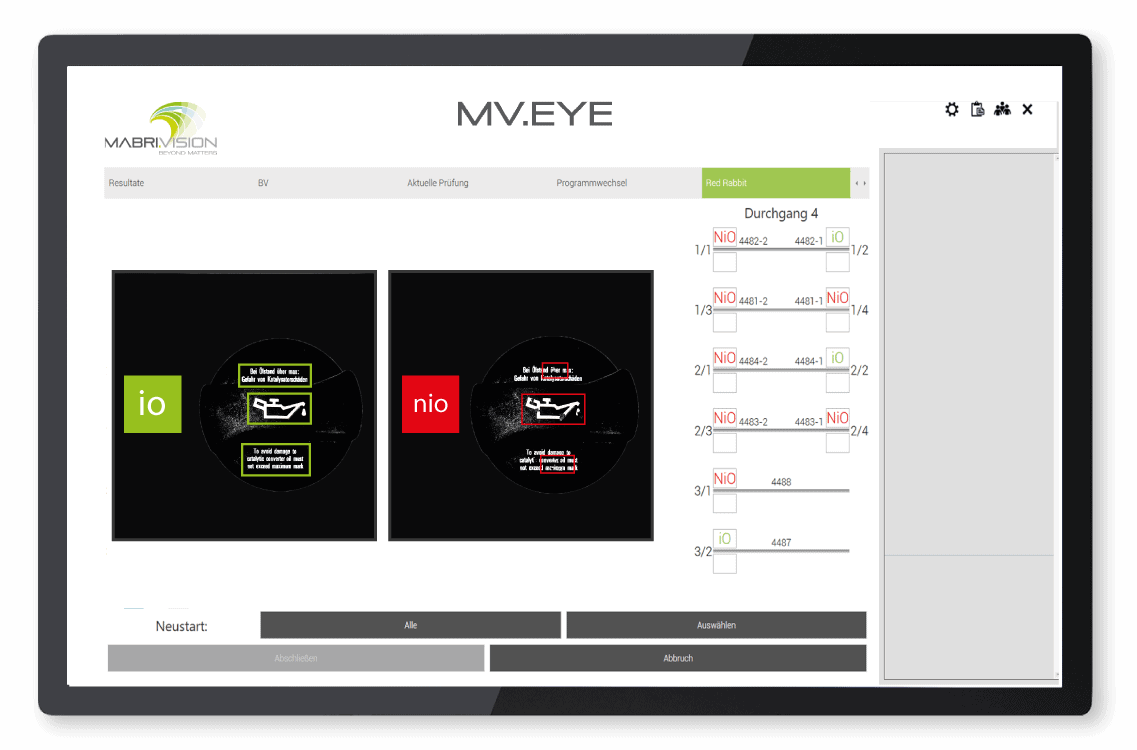 Darstellung der MABRI.VISION MV.EYE Software zur Prüfung von Druckbildern.
