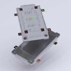 Leistungsmodul vor neutralem Hintergrund mit Machine Vision AR-Prüfoverlay