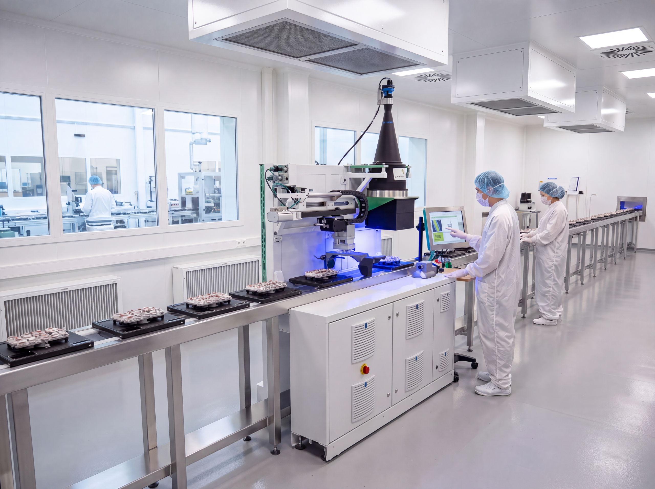 VISION.SPECTOR Inline-Anlage mit telezentrischem Objektiv im Reinraum