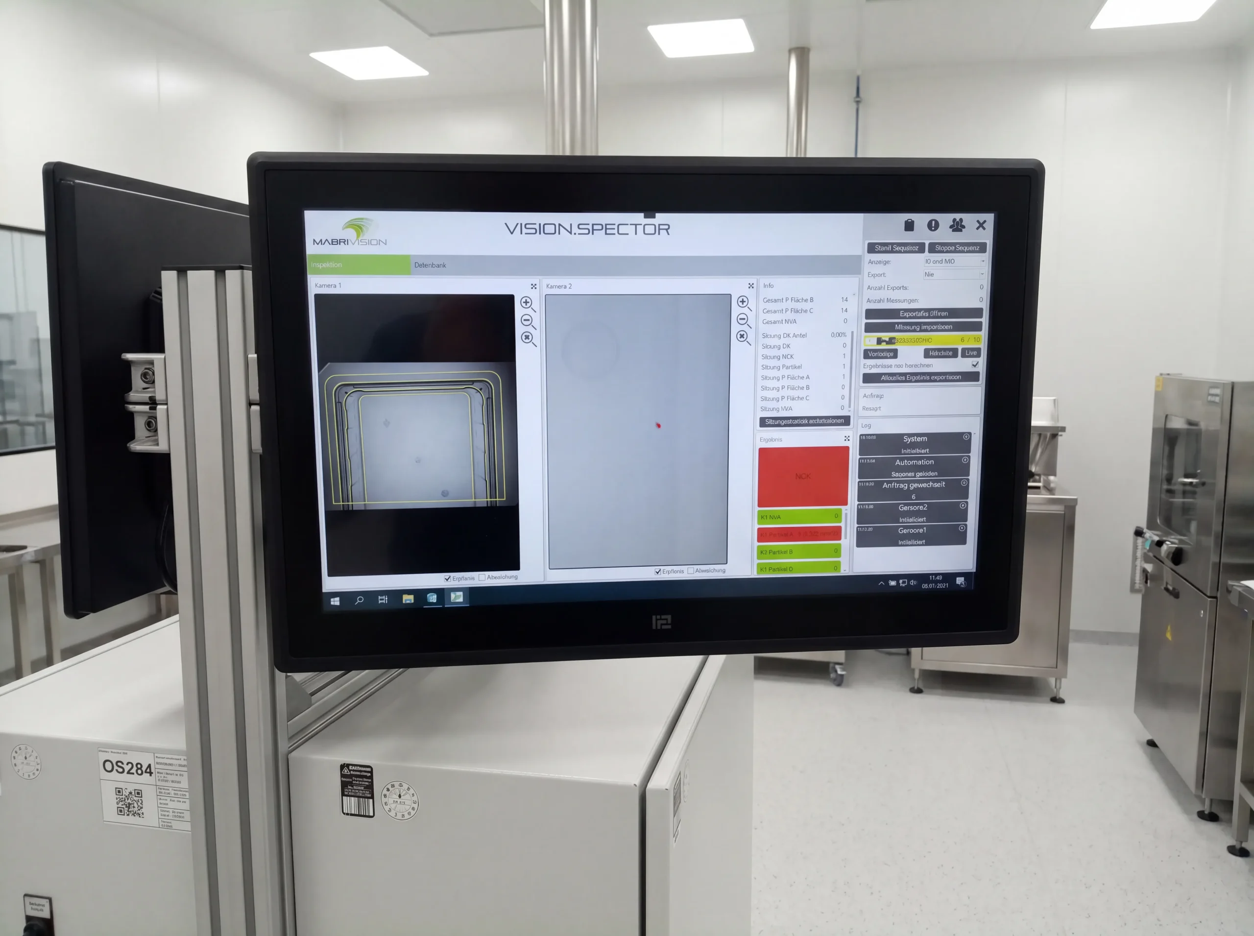 VISION.SPECTOR Software am Monitor: Partikelerkennung mit NOK-Ergebnis (MABRI.VISION)